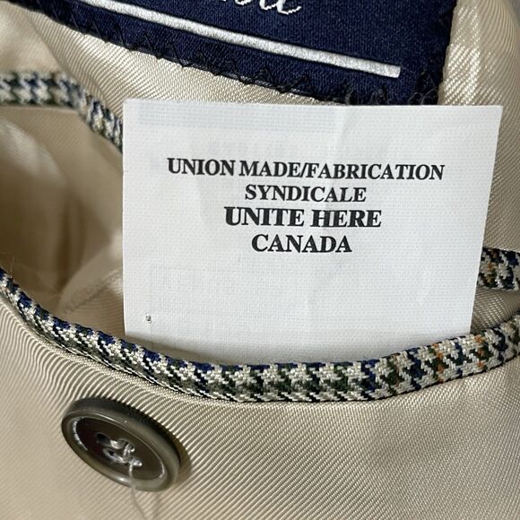 Faconnable Wool Silk Windowpane Houndstooth Blazer Tan Navy Green Men’s Sz 42L - Picture 12 of 13